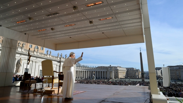 Pope Leo XIV waves to the crowd before leading his general audience in St. Peter's Square at the Vatican Feb. 18, 2026. (CNS photo/Vatican Media)