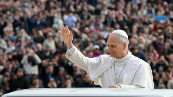 Pope Leo XIV waves to the crowd before leading his general audience in St. Peter's Square at the Vatican March 4, 2026. (CNS photo/Vatican Media)