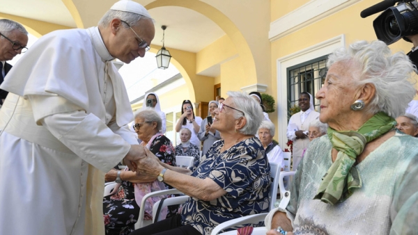 Pope Leo XIV greets residents of St. Martha Home for the Elderly in Castel Gandolfo, Italy, during a visit on July 21, 2025. | Credit: Vatican Media