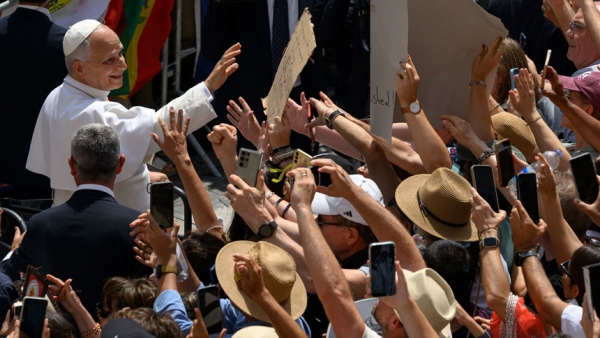 Pope Leo XIV greets pilgrims gathered at Castel Gandolfo for the recitation of the Angelus on July 26, 2026. | Credit: Vatican News