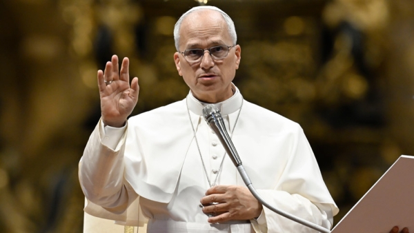 Pope Leo XIV offers his blessing to visitors and pilgrims during his weekly general audience in St. Peter's Basilica at the Vatican Aug. 26, 2026. (CNS photo/Vatican Media)