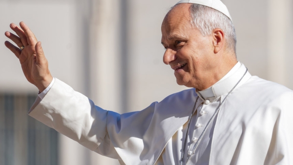 Pope Leo XIV smiles from the popemobile while riding around St. Peter’s Square at the Vatican before his weekly general audience Sept. 16, 2026. (CNS photo/Lola Gomez)