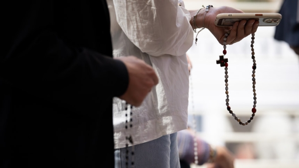 The faithful pray the rosary at the chapel within Rome’s Gemelli hospital, where Pope Leo XIV was hospitalized Oct. 13 for a surgery to remove a nodule in his lung. Vatican officials have since reported the procedure to be a success. (CNS photo/Cristian Gennari)