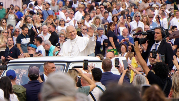 Pope Leo XIV greets visitors and pilgrims from the popemobile while riding around St. Peter’s Square at the Vatican before his weekly general audience Oct. 7, 2026. (CNS photo/Griffin White)